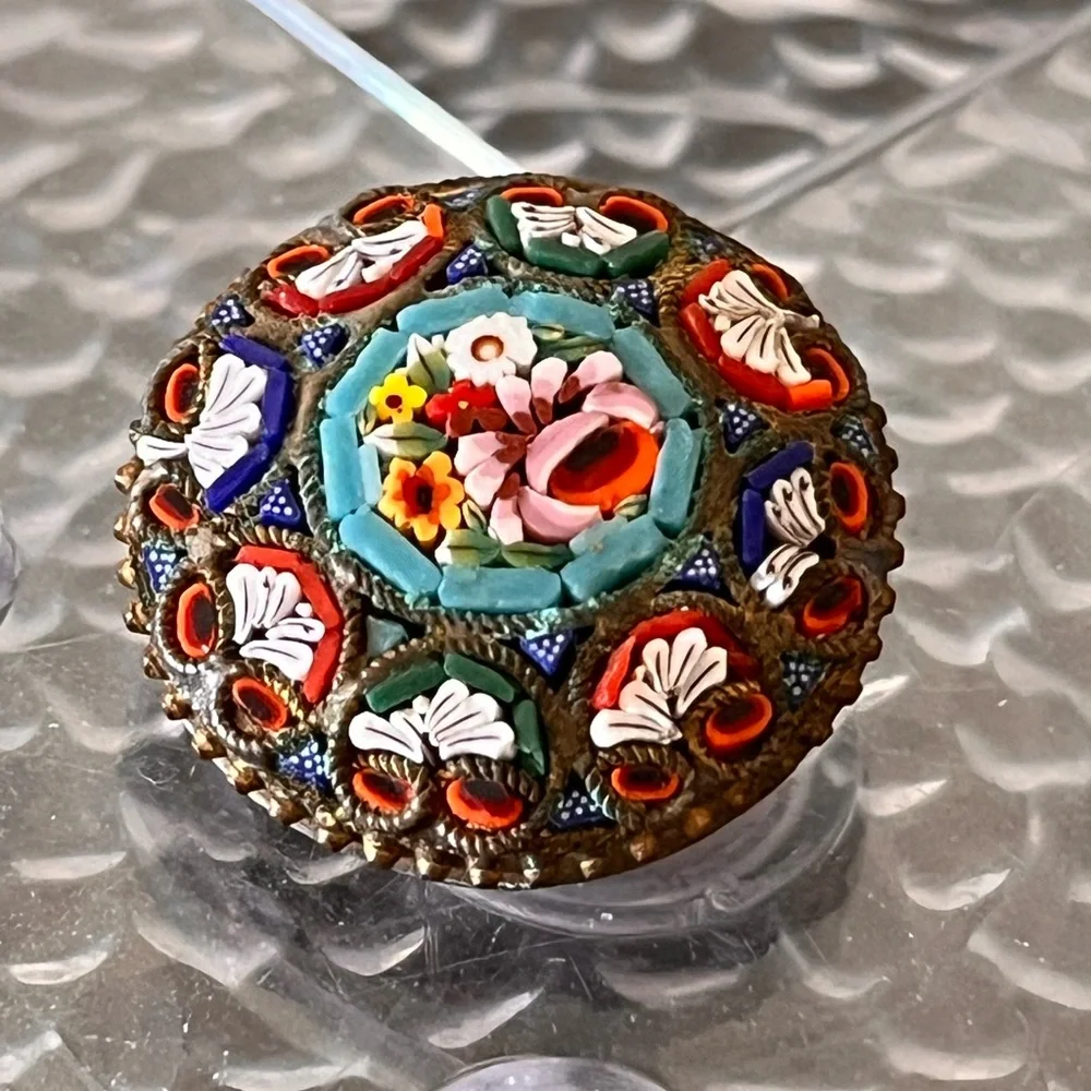 Antique Italian Micro Mosaic Floral Brooch Italy Romantic Victorian Style - Picture 7 of 11